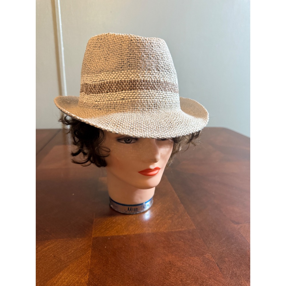 Earthbound Trading Co Tan Woven Paper Fedora Hat Striped Band Summer Sun Hat